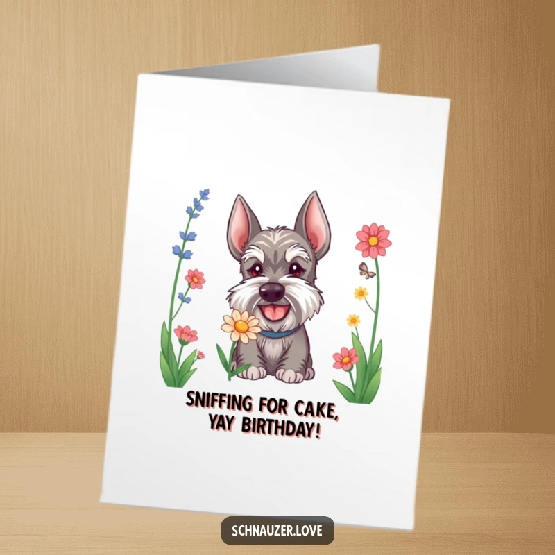 Funny Free Printable Schnauzer Birthday Card featuring a happy dog curiously sniffing a vibrant flower, a perfect downloadable gift.