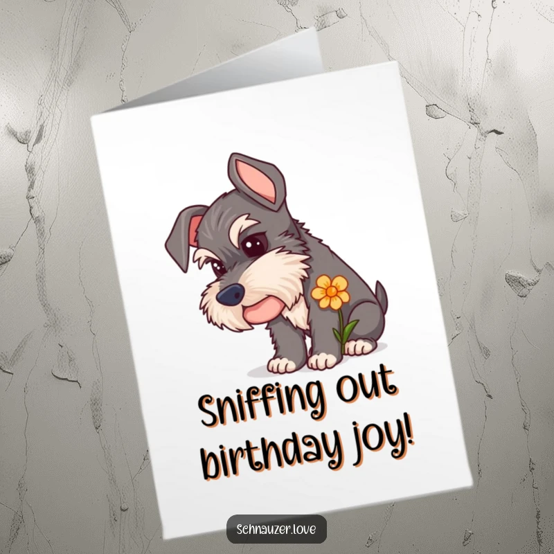 Funny Free Printable Schnauzer Birthday Card: A curious schnauzer intently sniffing a flower, adding whimsical charm to birthday wishes.