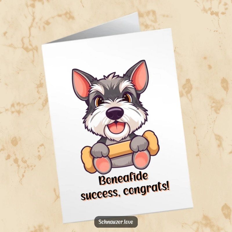 Funny Free Printable Congratulations Card: a happy Schnauzer with a bone looks up expectantly, celebrating achievements.