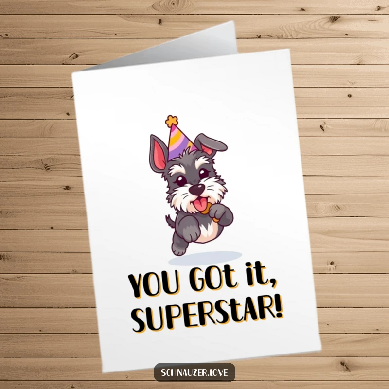 Funny Free Printable Congratulations Card: Playful Schnauzer in a party hat, jumping mid-air for a treat, showing excitement.