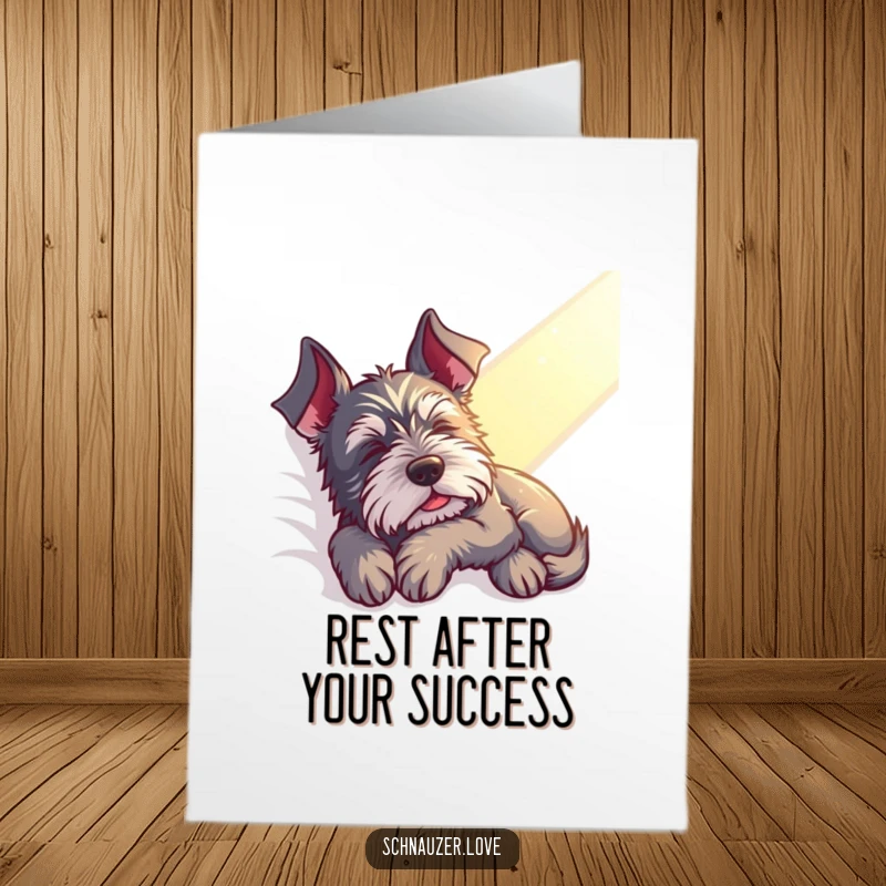 Funny Free Printable Congratulations Card: A contented schnauzer naps soundly in a warm sunbeam, celebrating their peaceful achievement.