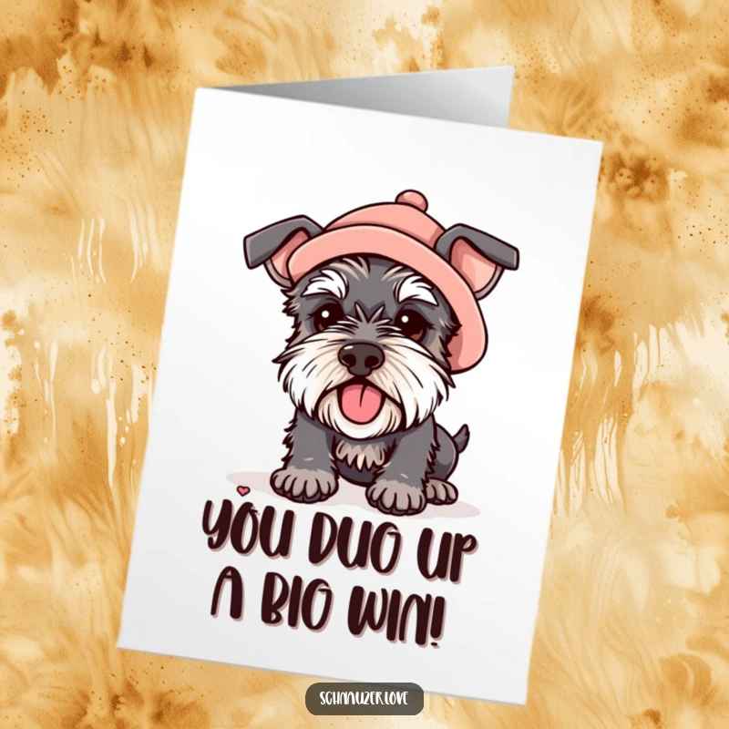 Funny Free Printable Congratulations Card: A schnauzer wearing a tiny hat is digging excitedly, a humorous DIY gift for congrats.
