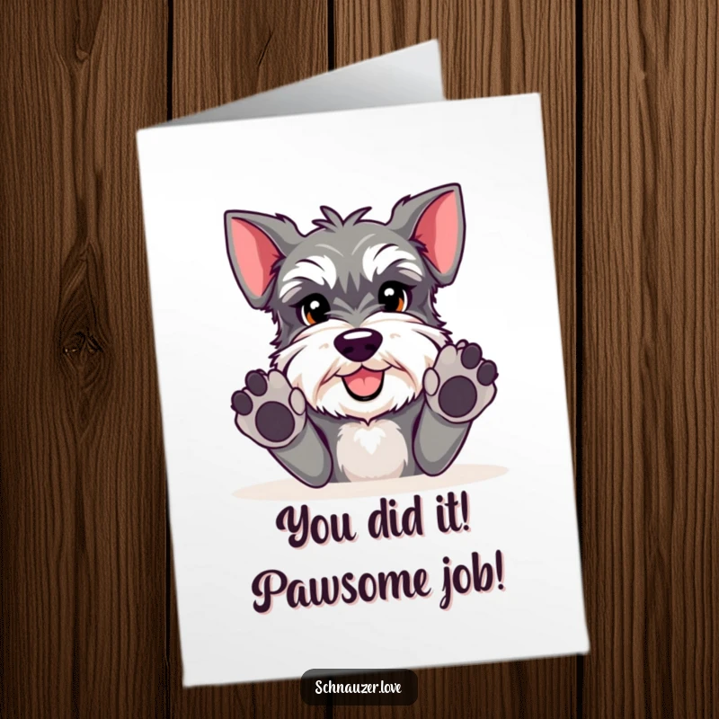 Funny Free Printable Schnauzer Congratulations Card: Excited schnauzer jumping with paws extended in a playful pose.