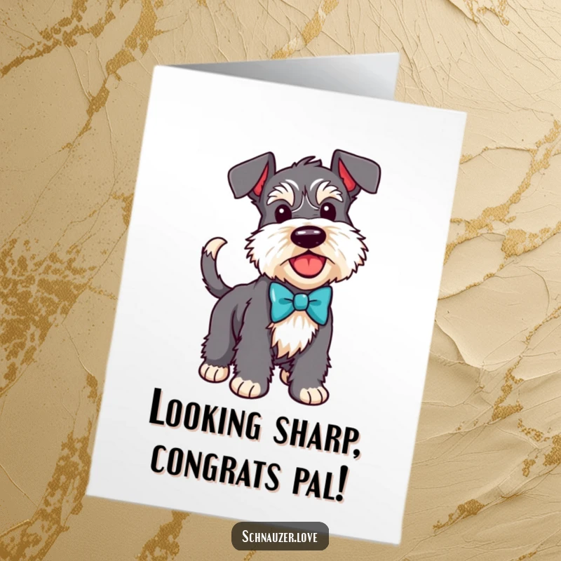 Funny Free Printable Congratulations Card: Happy Schnauzer in a bow tie, wagging tail, conveying congratulations with joy.