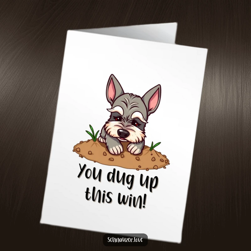 Funny Free Printable Schnauzer Congratulations Card: Schnauzer with dramatic eyebrows digging playfully.