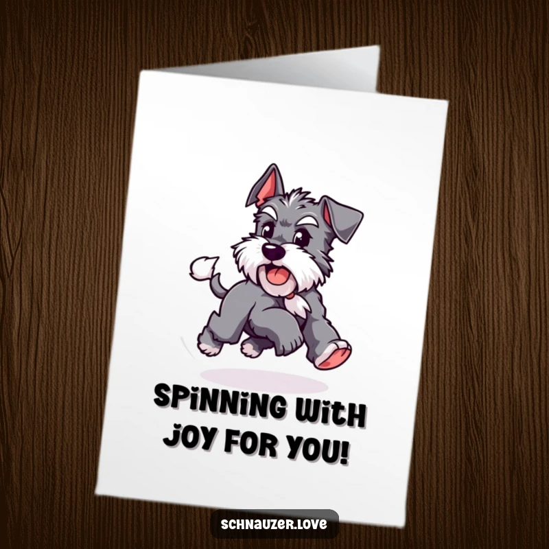 Funny Free Printable Congratulations Card: a playful Schnauzer spins chasing its tail, celebrating accomplishments with gusto.