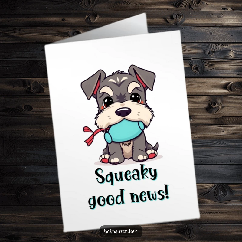 Funny Free Printable Congrats Card: Schnauzer proudly holding a tiny squeaky toy, celebrating your achievement.