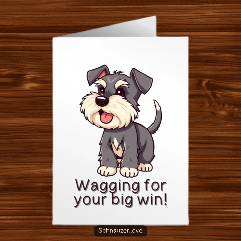 Funny Free Printable congratulations card showing a schnauzer's tail wagging furiously, radiating pure excitement and happiness.