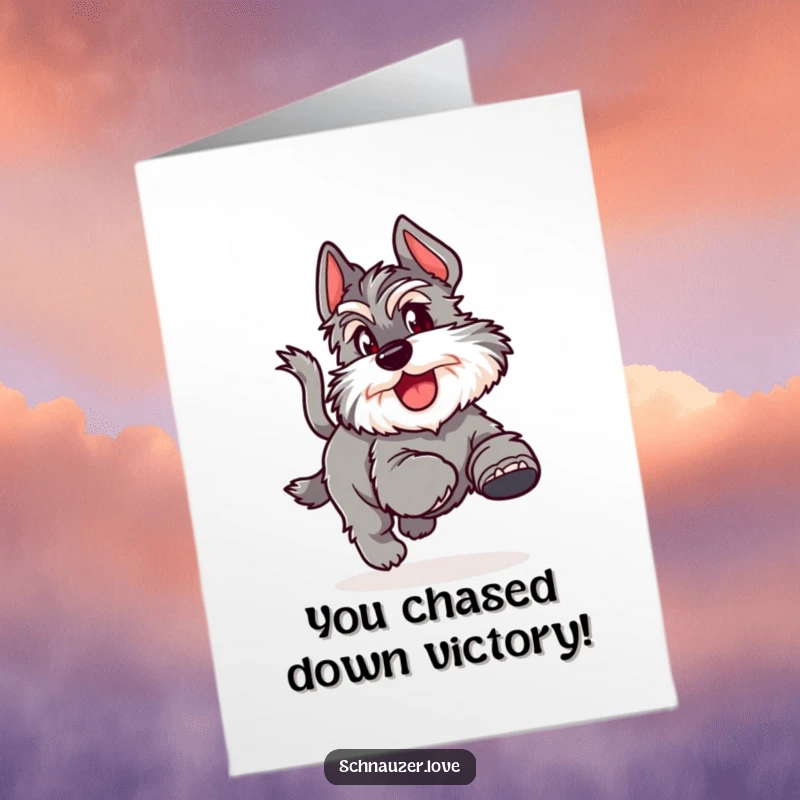Funny free printable congratulations card showing a fluffy schnauzer joyfully spinning while chasing its tail.