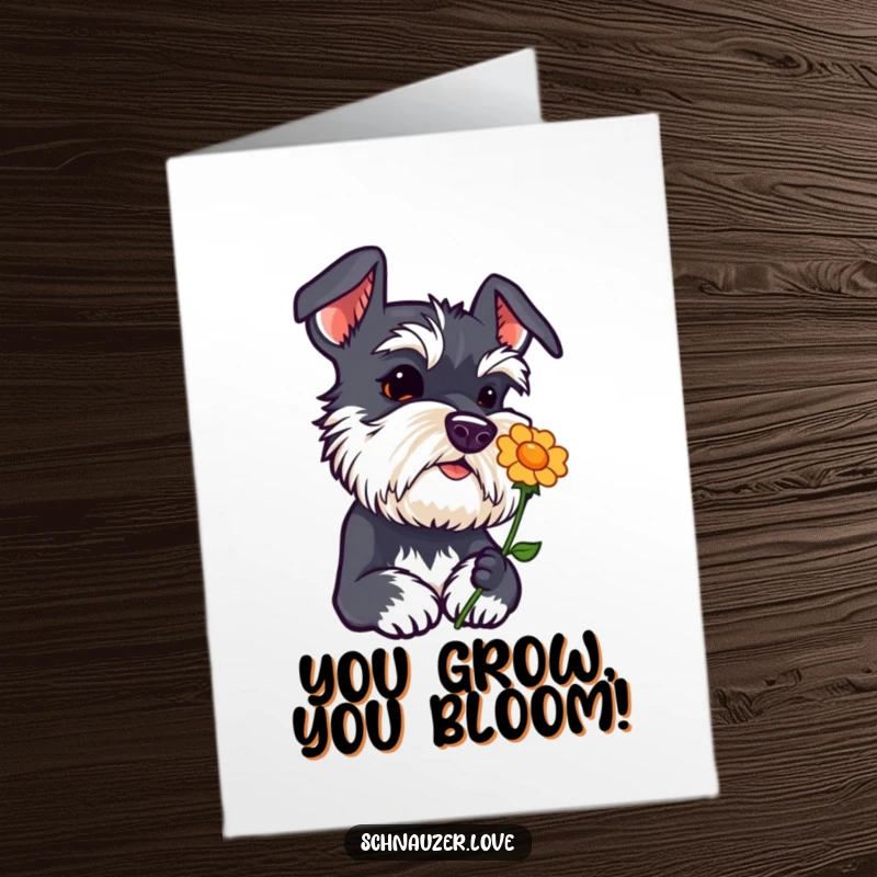 Funny free printable Schnauzer congratulations card, a curious dog sniffing a flower icon, celebrating success with charm.