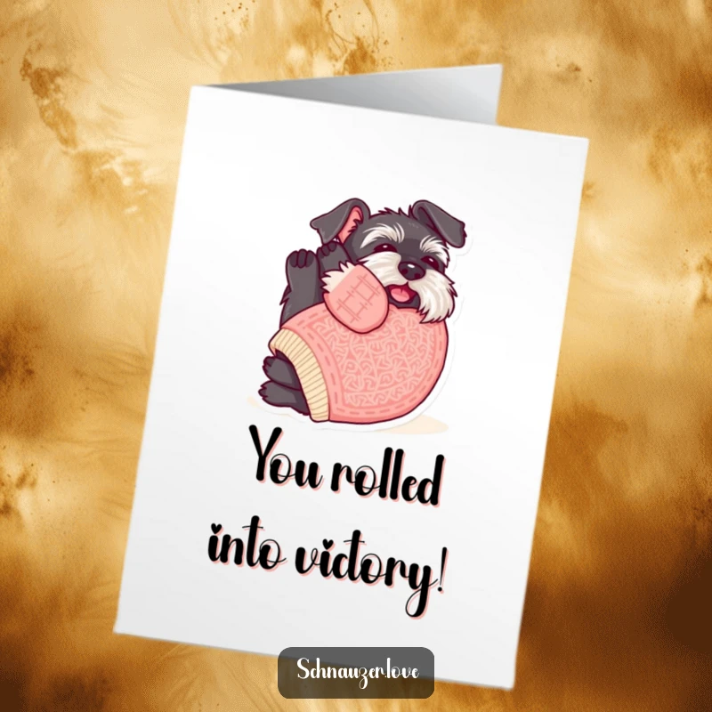 Funny Free Printable Schnauzer Congratulations Card: Schnauzer in a knitted sweater rolling for belly rubs.