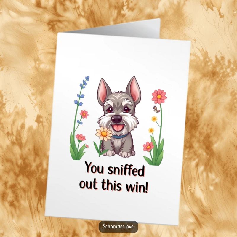 Funny Free Printable Schnauzer Congratulations Card showing a happy dog sniffing a flower, a great downloadable gift for celebrations.