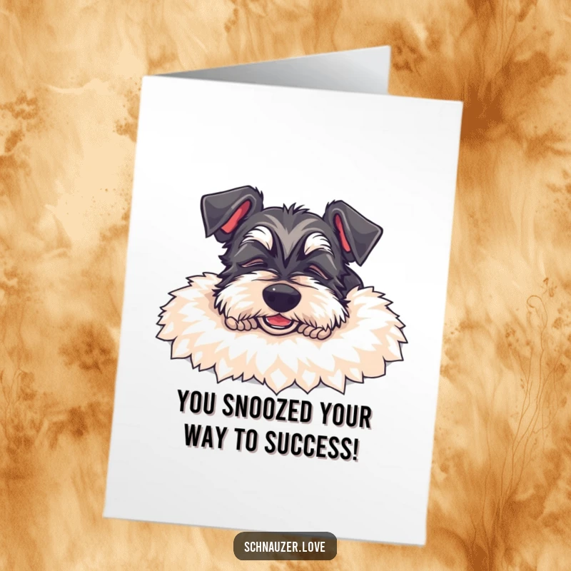 Free Printable Schnauzer Congratulations Card: A content schnauzer dog naps on a rug, perfect for celebrating achievements.