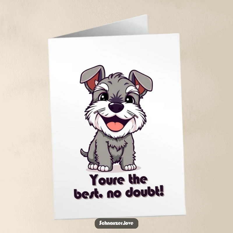 Funny free printable congratulations card of a grinning schnauzer shaking its entire body in celebration of good news.