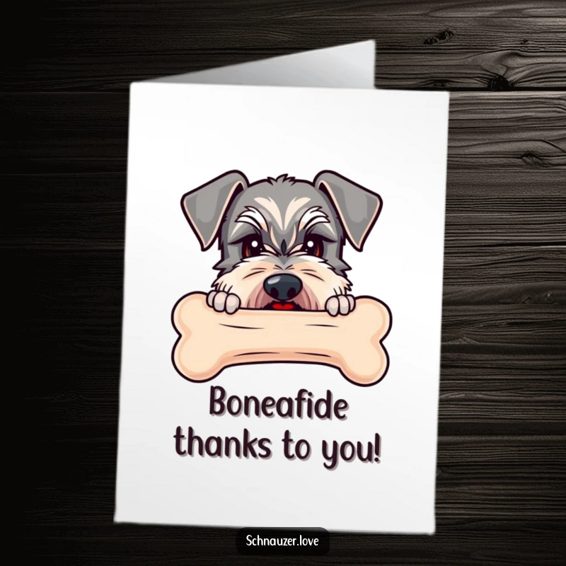 Funny Free Printable Schnauzer Thank You Card: Schnauzer peeking over a big bone, expressing thanks for a generous gift.