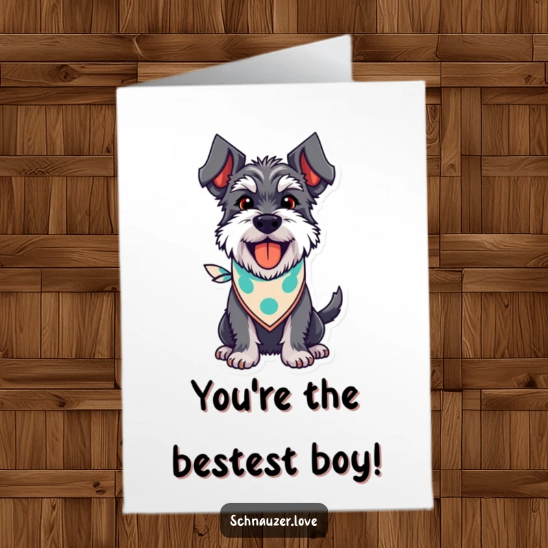 Funny Free Printable Schnauzer Thank You Card: Happy, wagging schnauzer in bandana expresses thanks, downloadable art for DIY gifts.