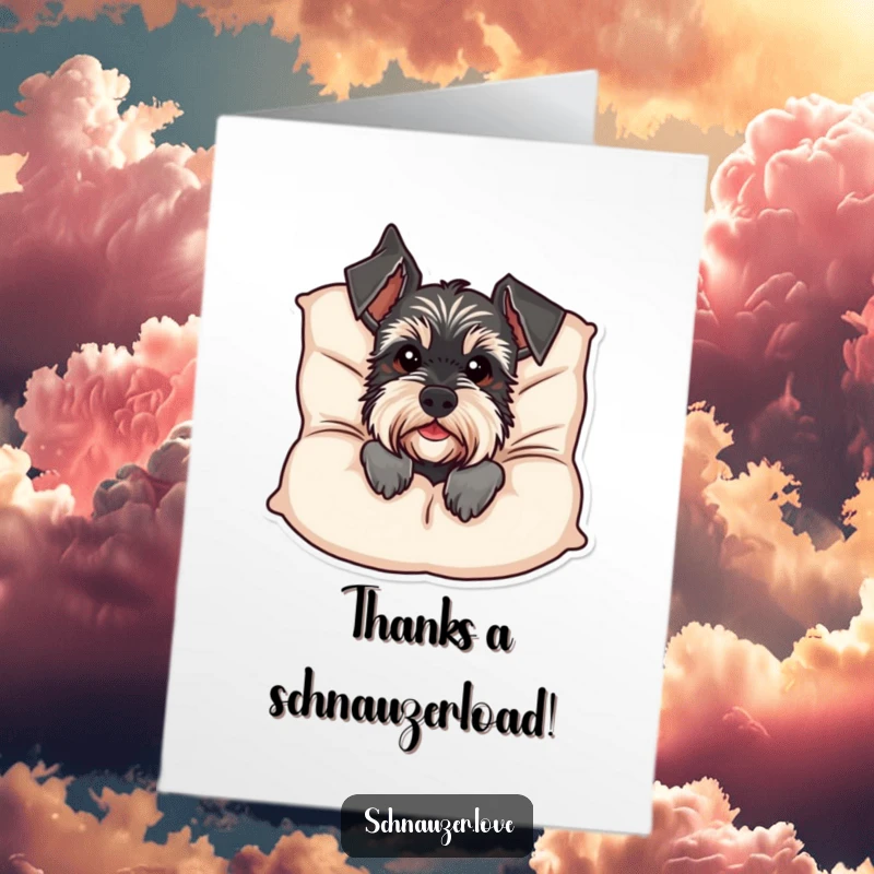 Funny Free Printable Thank You Card: Schnauzer emerging from behind a cushion, a playful way to express thanks.
