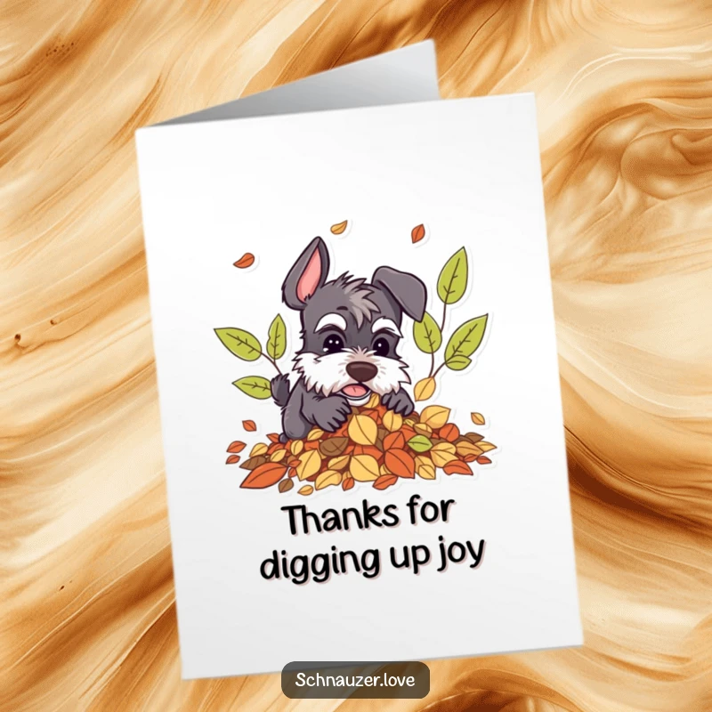 Funny Free Printable Schnauzer Thank You Card: Schnauzer digging enthusiastically in a pile of leaves.