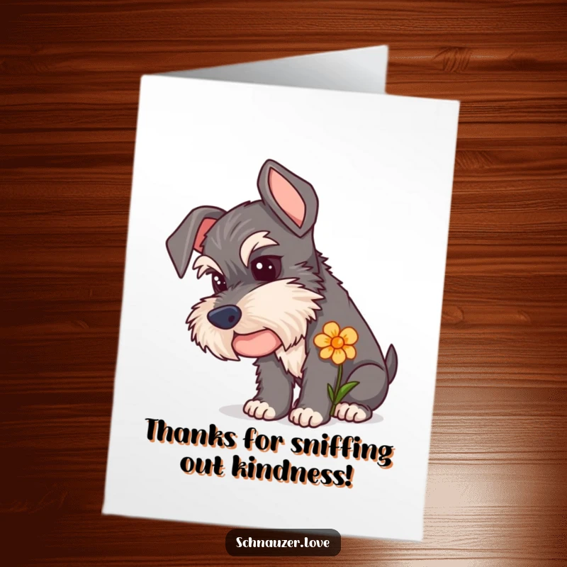 Funny Free Printable Schnauzer Thank You Card: A curious schnauzer investigating a flower, offering a whimsical and heartfelt thank you.