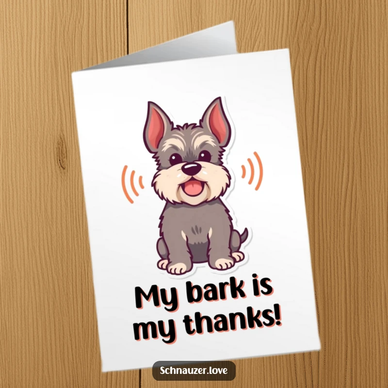 Funny Free Printable Thank You Card featuring a happy schnauzer silhouette with sound wave graphics indicating a bark.