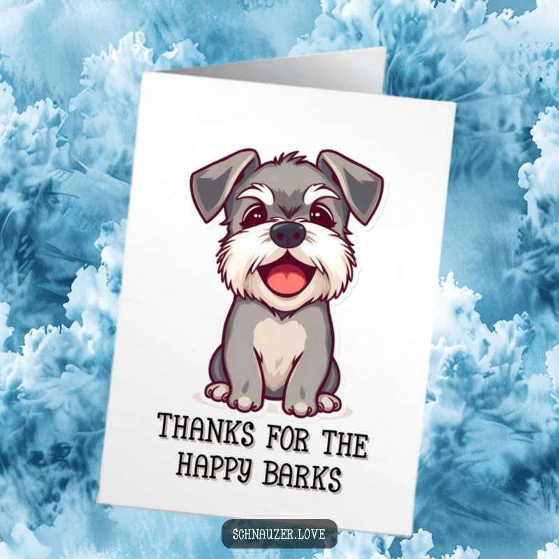 Funny Free Printable Thank You Card: A happy schnauzer with floppy ears happily barks, a sweet DIY thank you gift.
