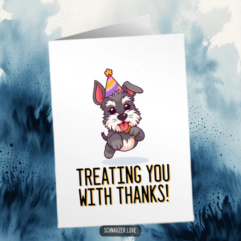 Funny Free Printable Thank You Card: Playful Schnauzer in a party hat, jumping for a treat, expressing thanks.