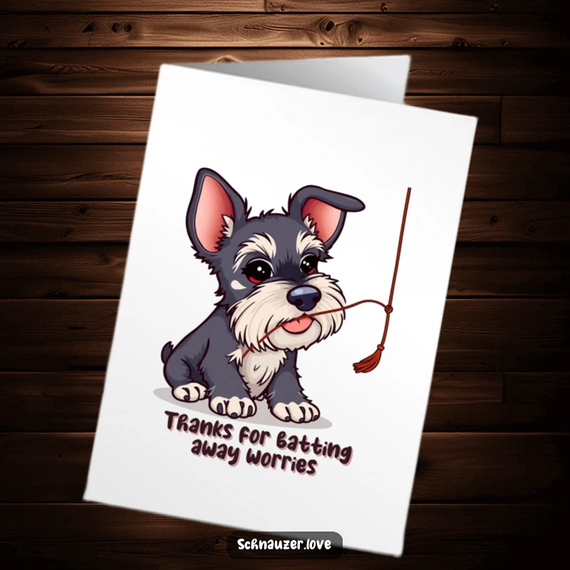 Funny Free Printable Schnauzer Thank You Card: Schnauzer with big ears playfully batting a dangling string.
