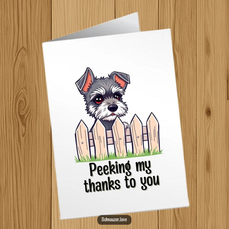 Funny Free Printable Thank You Card featuring a small schnauzer with expressive eyes peeking over a fence with interest.