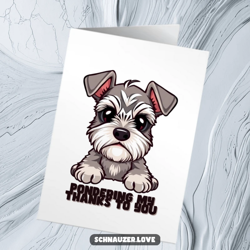 Funny Free Printable Thank You Card featuring a cute schnauzer with expressive, prominent eyebrows, tilting its head.