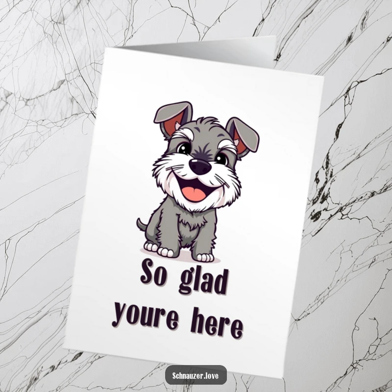 Funny free printable thank you card featuring a happy, grinning schnauzer shaking its whole body to say thank you.