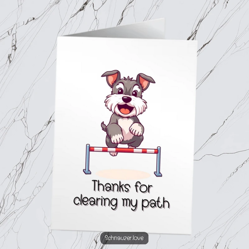 Funny Free Printable Thank You Card: Cute Schnauzer performing a happy jump over a tiny hurdle, conveying thanks.