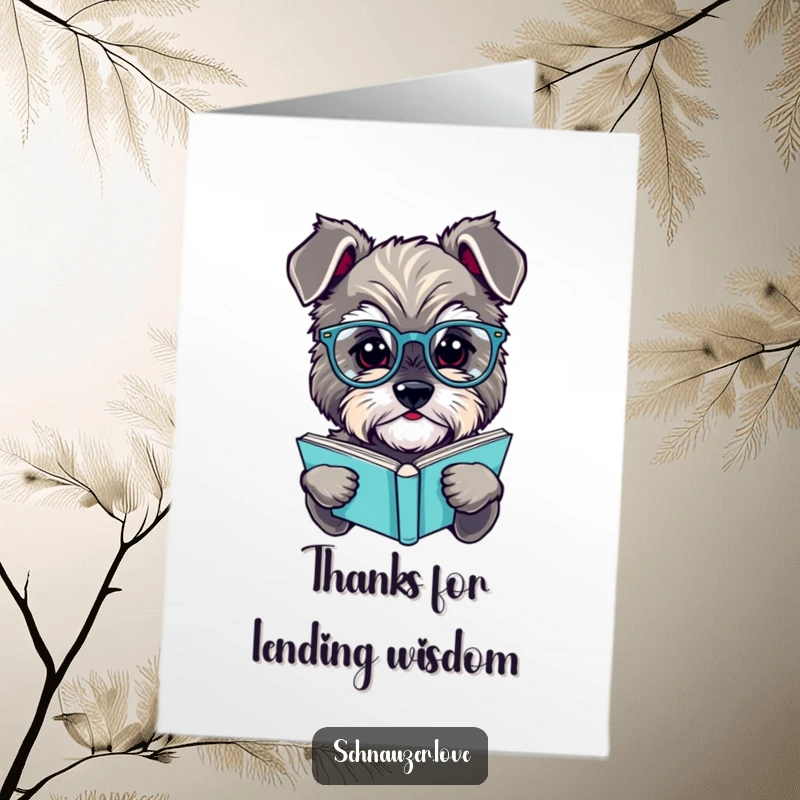 Funny Free Printable Thank You Card: A fluffy schnauzer in tiny glasses reads a book, looking very studious.
