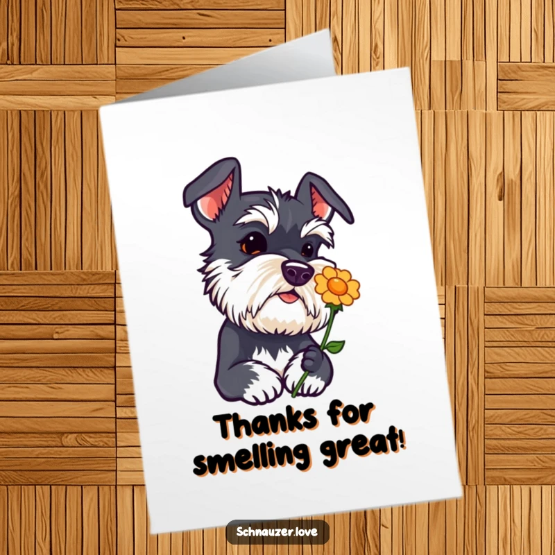 Funny free printable Schnauzer thank you card, a curious dog sniffing a flower icon, conveying thanks with sweetness.