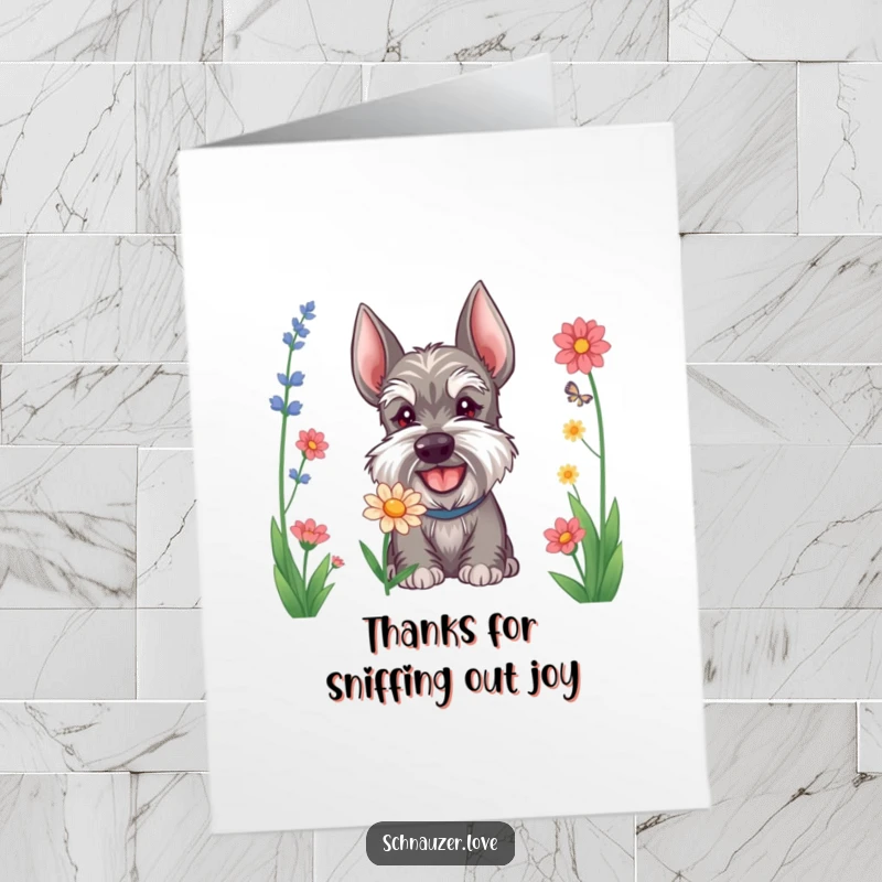 Funny Free Printable Schnauzer Thank You Card, a happy dog sniffing a flower, perfect for a cute downloadable gift.