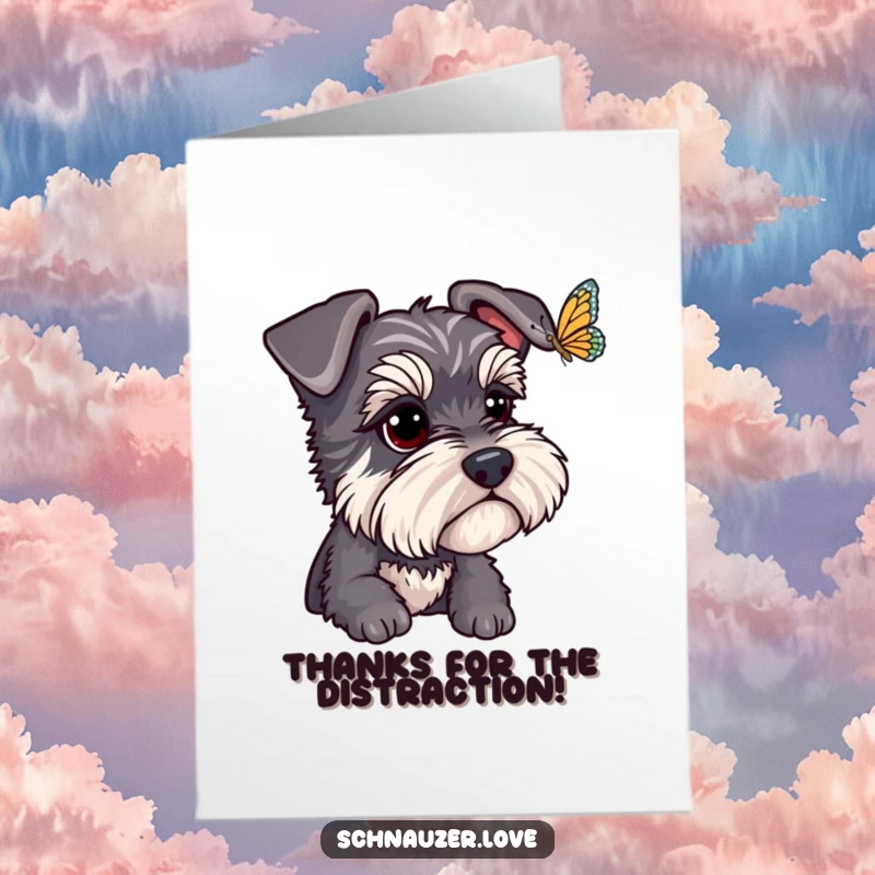 Funny Free Printable Thank You Card: Schnauzer observing a butterfly, a serene and appreciative moment for a thank you.