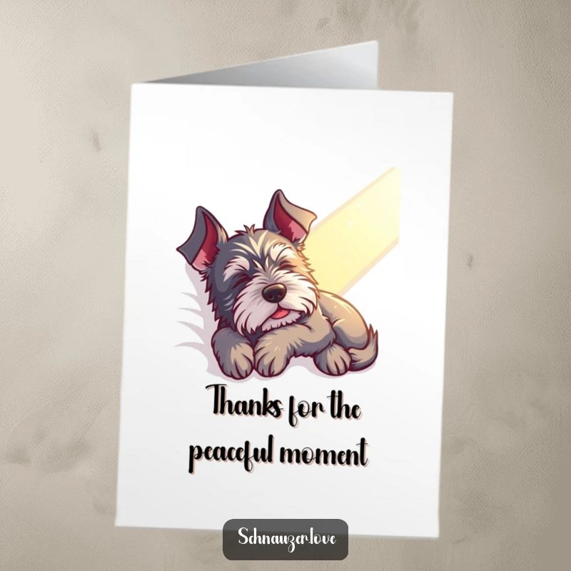 Funny Free Printable Thank You Card: A contented schnauzer naps in a sunbeam, embodying peaceful gratitude. Sweet thanks!