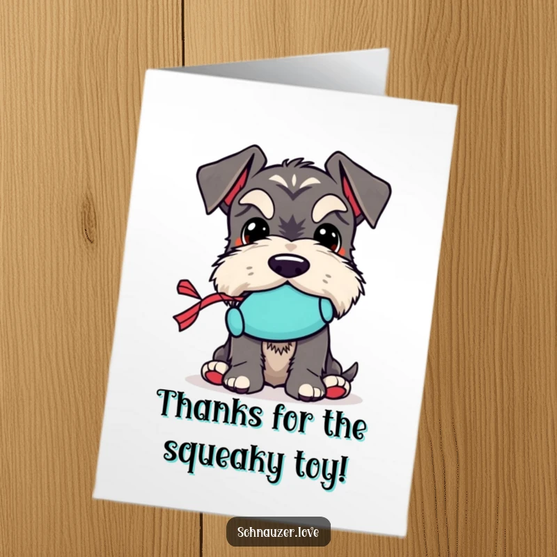 Funny Free Printable Thank You Card: Schnauzer holding a tiny squeaky toy, expressing thanks.