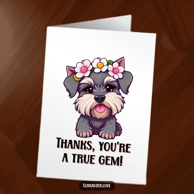 Funny free printable thank you card depicting a schnauzer in a flower crown playfully shaking its head.
