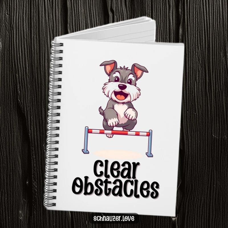 Funny Schnauzer notebook featuring a cute dog happily jumping over a tiny hurdle, ready to inspire active progress.