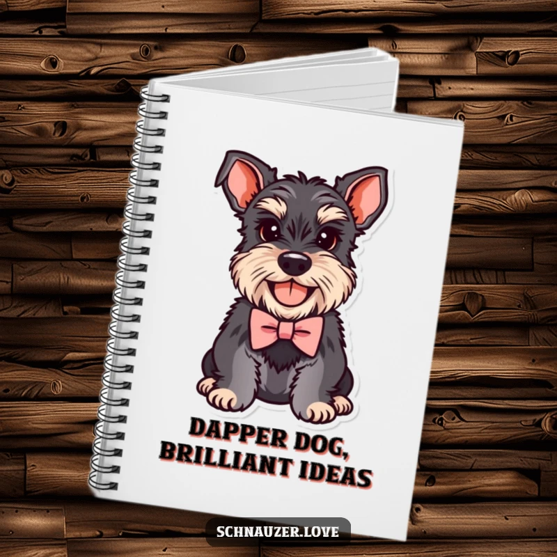 Funny Schnauzer Notebook featuring a smiling dog wearing a miniature bowtie, perfect for jotting down thoughts with a touch of class.