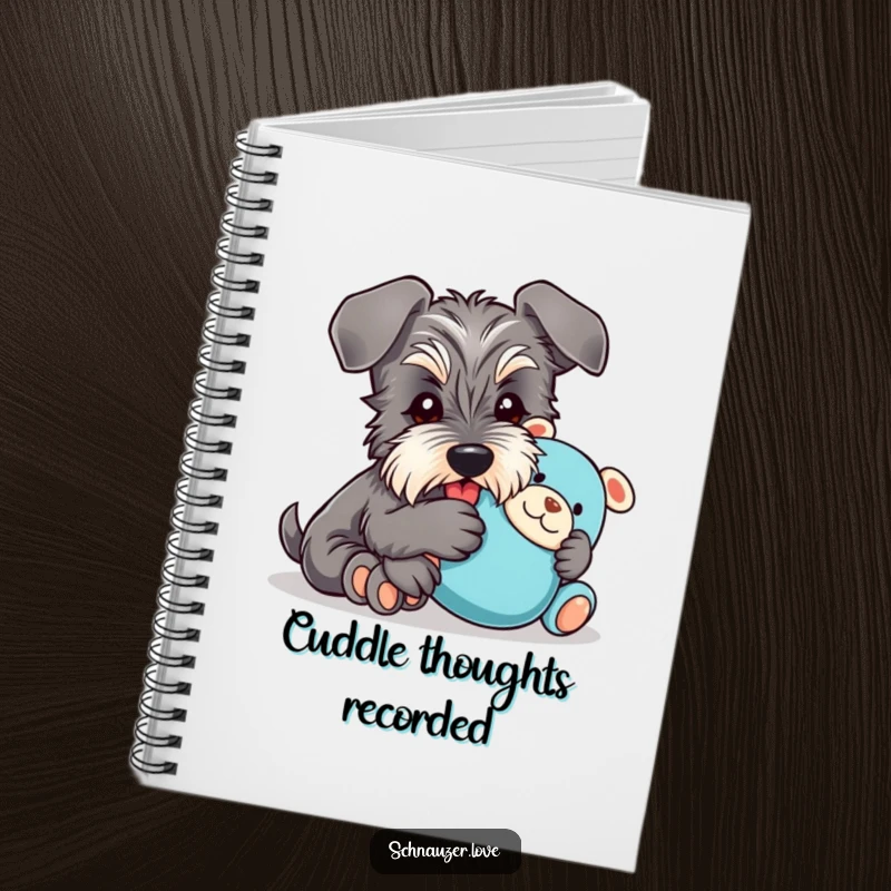 Funny Notebook: A schnauzer with floppy ears happily hugs a plush toy, perfect for journaling with a touch of canine humor.