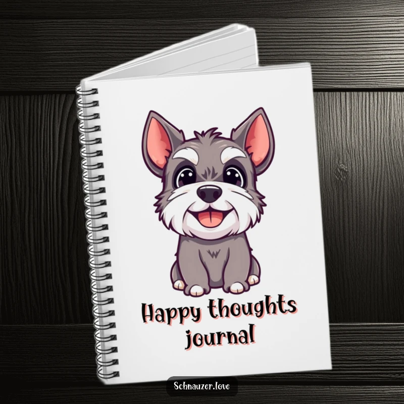Funny notebook cover featuring a happy schnauzer dog looking upwards with a joyful expression.