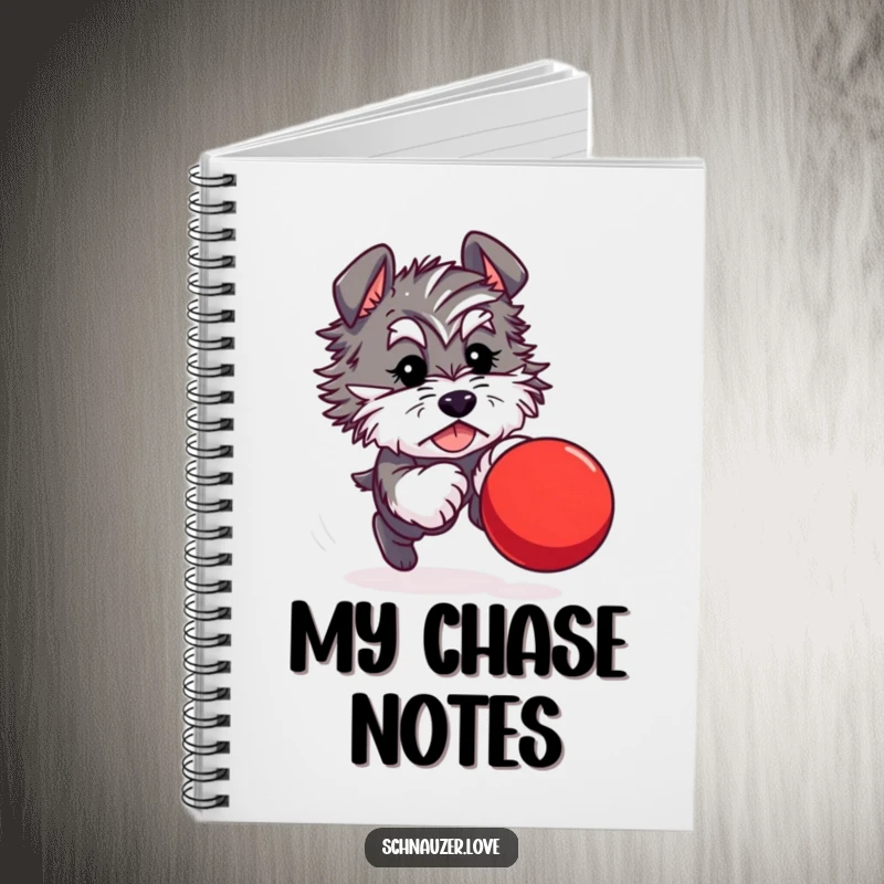 Funny notebook cover art: a fluffy schnauzer character chasing a bright red, bouncing ball, ready for your notes.
