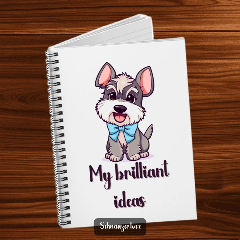 Funny Schnauzer Notebook: Excited schnauzer wearing a bow, tail wagging, ideal for jotting down notes with a humorous touch.