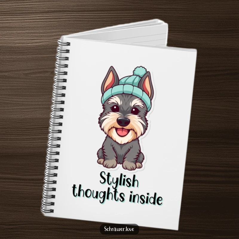 Funny Schnauzer Notebook cover featuring a cheerful dog wearing a small knitted hat, inspiring cute notes.