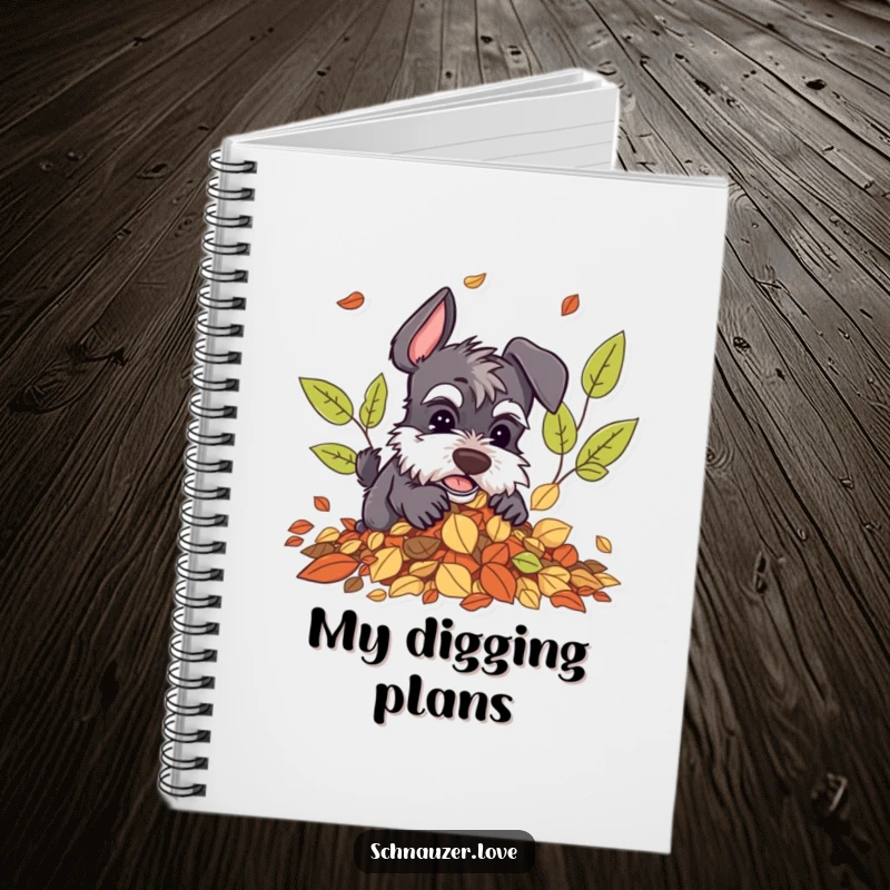 Funny Schnauzer Notebook: Schnauzer character digging in autumn leaves, ideal for journaling fall memories with a humorous touch.