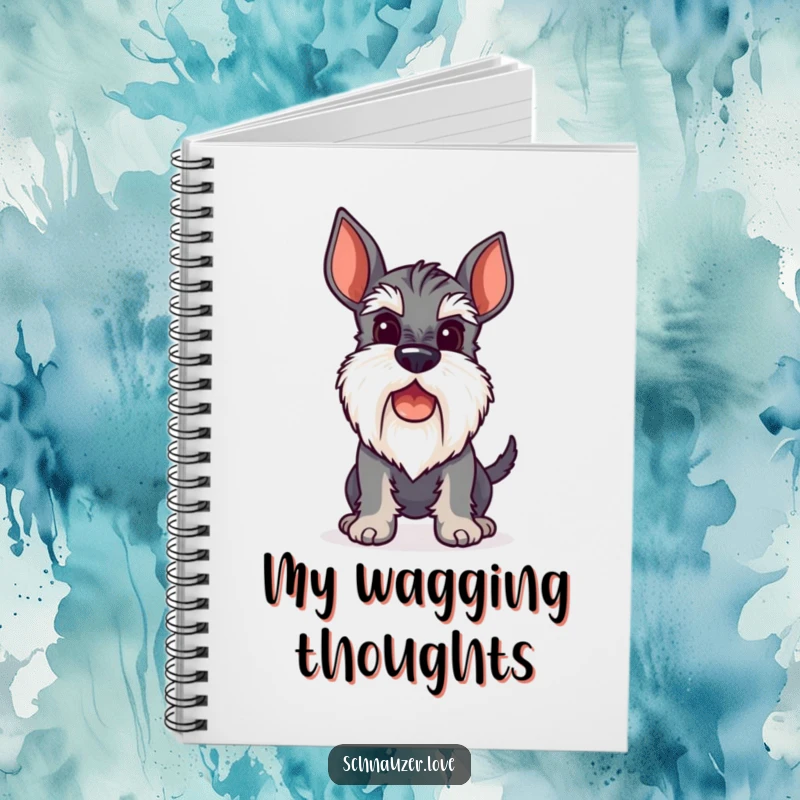 Funny Notebook featuring a stylized schnauzer with a perky beard, ready to jot down ideas with a wagging tail.