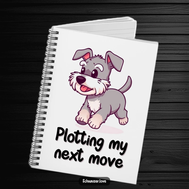 Funny Schnauzer Notebook cover featuring a happy dog with a wagging tail, running swiftly, inspiring productive writing.