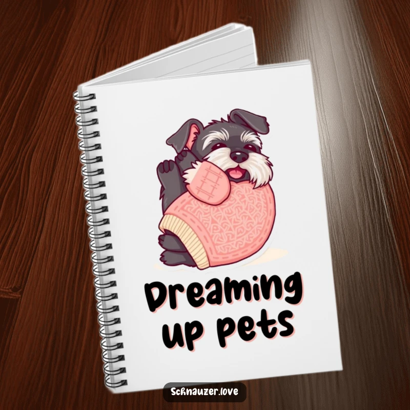 Funny Schnauzer Notebook: Schnauzer in a sweater rolling on its back, humorously inviting note-taking and cuddles.
