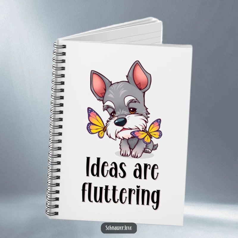 Funny Schnauzer Notebook: A curious schnauzer with perked ears sniffing a colorful butterfly, ideal for note-taking.